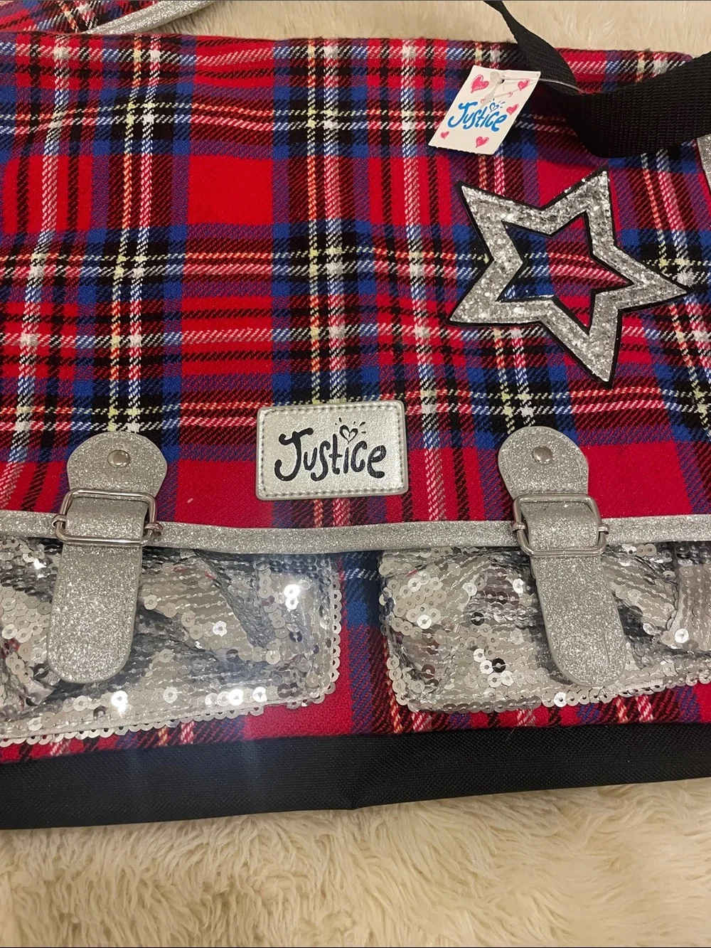 Justice Red Plaid Messenger Bag with Silver Glitter Accents